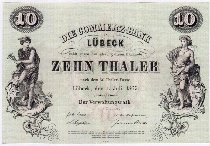 Altdeutschland
Lübeck
10 Thaler, Die Commerz-Bank, 1. Juli 1865, Format 143 X ...