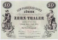 Altdeutschland
Lübeck
10 Thaler, Die Commerz-Bank, 1. Juli 1865, Format 143 X 98 mm.
I-