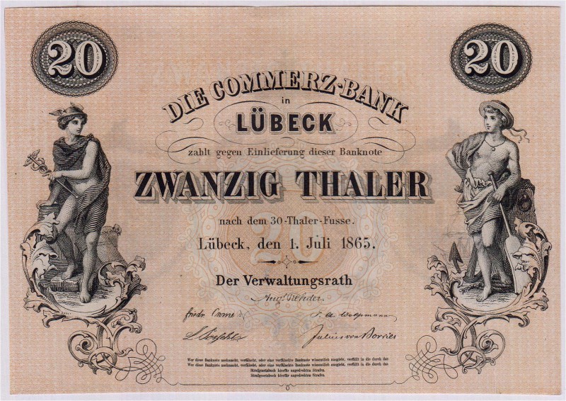 Altdeutschland
Lübeck
20 Thaler, Die Commerz-Bank, 1. Juli 1865, Format 144 X ...