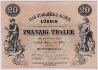 Altdeutschland
Lübeck
20 Thaler, Die Commerz-Bank, 1. Juli 1865, Format 144 X 100 mm. Unten rechts Einriss ca. 2,5 cm.
sonst I-, selten