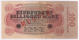Die deutschen Banknoten ab 1871 nach Rosenberg
Deutsches Reich, 1871-1945
100 Billionen Mark 26.10.1923. Mit Aufdruck "Muster".
I-II