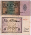 Die deutschen Banknoten ab 1871 nach Rosenberg
Deutsches Reich, 1871-1945
2 Stück: 1 und 10 Billionen 5.11.1923 und 1.2.1924 beide IV