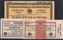 Die deutschen Banknoten ab 1871 nach Rosenberg
Deutsches Reich, 1871-1945
3 Schatzanweisungen zu 1,05 Mark Gold, 26.10.23; 2,10 Mark Gold, 23.10.23 ...