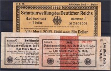 Die deutschen Banknoten ab 1871 nach Rosenberg
Deutsches Reich, 1871-1945
3 Schatzanweisungen zu 1,05 Mark Gold, 26.10.23; 2,10 Mark Gold, 23.10.23 ...