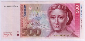 Die deutschen Banknoten ab 1871 nach Rosenberg
Westliche Besatzungszonen und BRD, ab 1948
500 Deutsche Mark 1.8.1991. Serie AA/G.
I-