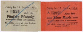 Deutsches Notgeld und KGL
Altenessen
2 Stück: 50 Pfennig und 1 Mark 15.Septbr. 1914. Laut Dießner sind nur 4 Originale bekannt, diese KN 521 und 892...