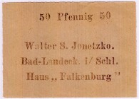 Deutsches Notgeld und KGL
Bad Landeck
Walter S. Jonetzko, Haus "Falkenburg": 50 Pf. ohne Datum.
II