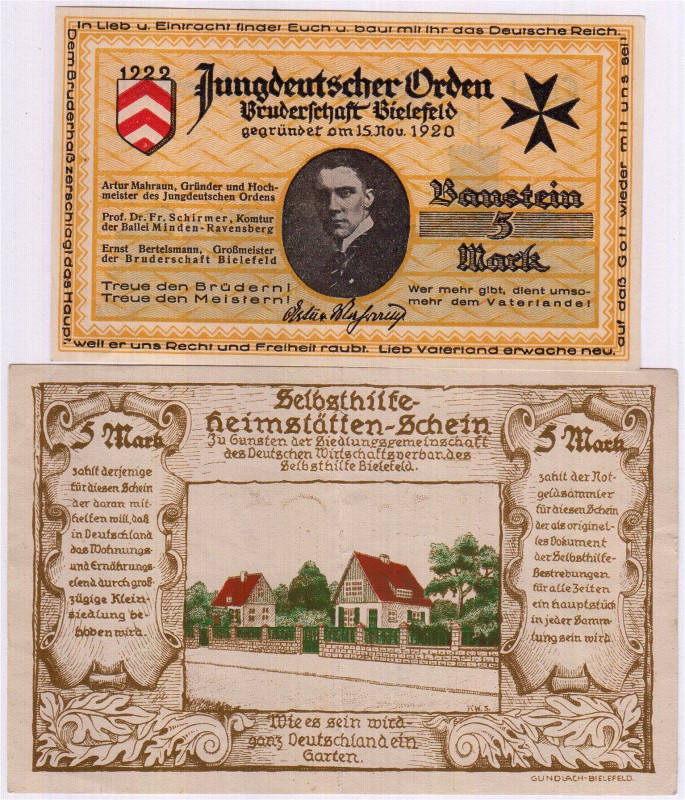 Deutsches Notgeld und KGL
Bielefeld
2 Scheine: 5 Mark Jungdeutscher Orden ohne...