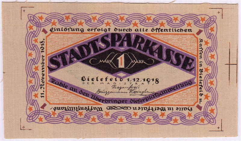 Deutsches Notgeld und KGL
Bielefeld
1 Mark Probe 1.12.1918, Leinen, Stadtspark...