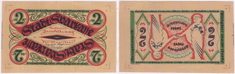 Deutsches Notgeld und KGL
Bielefeld
2 Mark Probe 1.12.1918 beidseitig bedruckt...