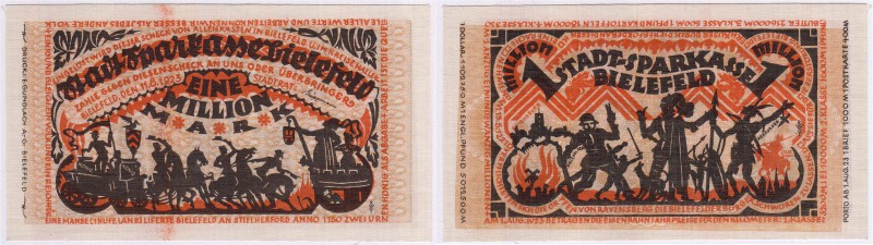 Deutsches Notgeld und KGL
Bielefeld
1 Mio. Mark Leinen 11.8.1923. Druck orange...