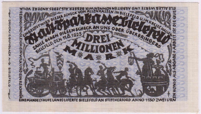 Deutsches Notgeld und KGL
Bielefeld
3 Mio. Mark Leinen 11.8.1923. Druck blau/s...