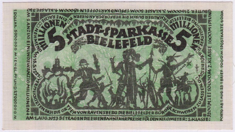 Deutsches Notgeld und KGL
Bielefeld
5 Mio. Mark Leinen 11.8.1923. Druck grün/s...