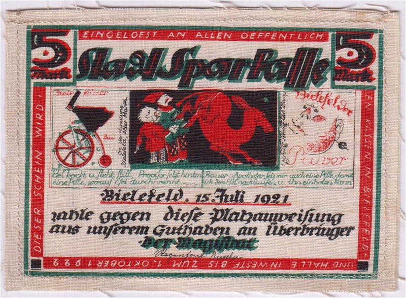 Deutsches Notgeld und KGL
Bielefeld
5 Mark 15. Juli 1921 Leinen weiß, ohne KN....