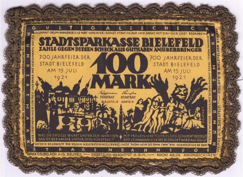 Deutsches Notgeld und KGL
Bielefeld
100 Mark 15.7. 1921. Seide gelb, Französis...