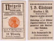 Deutsches Notgeld und KGL
Borken
10 Pfennig Briefmarkennotgeld (mit 10 Pf. Germania). J.B. Tüshaus. Slg. Le Noir -.
II-III, selten