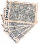 Deutsches Notgeld und KGL
Bremen
5 verschiedene Briefmarkennotgeldscheine: 10 Pf. "Germania" orange, eingefaltet in Notgeldschein mit Firmenanzeigen...