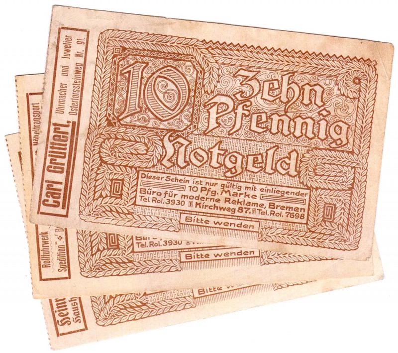 Deutsches Notgeld und KGL
Bremen
3 verschiedene Briefmarkennotgeldscheine: 10 ...