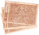 Deutsches Notgeld und KGL
Bremen
3 verschiedene Briefmarkennotgeldscheine: 10 Pf. "Germania" orange, eingefaltet in Notgeldschein mit Firmenanzeigen...