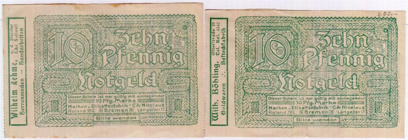 Deutsches Notgeld und KGL
Bremen
2 verschiedene Briefmarkennotgeldscheine: 10 ...