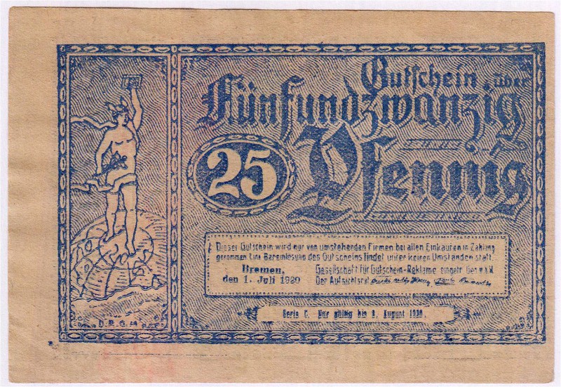 Deutsches Notgeld und KGL
Bremen
25 Pfennig 1. Juli 1920. Gesellschaft für Gut...