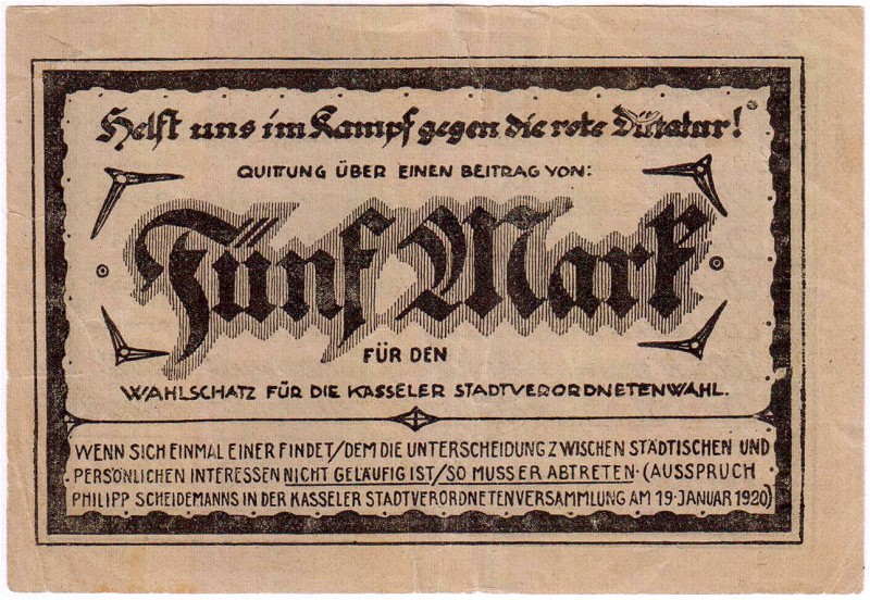 Deutsches Notgeld und KGL
Cassel
Deutschnationaler Kreisverein Kassel-Stadt, 5...