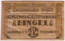 Deutsches Notgeld und KGL
Coblenz
Briefmarkennotgeld 10 Pf. "Ziffern". Rhenser Mineralbrunnen. Reklamezettel in Pergaminhülle mit Werbung Kohlenhand...