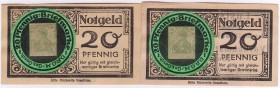 Deutsches Notgeld und KGL
Duisburg
2 X Briefmarkennotgeld 20 Pf. "Germania" grün. Lustspielhaus.
II