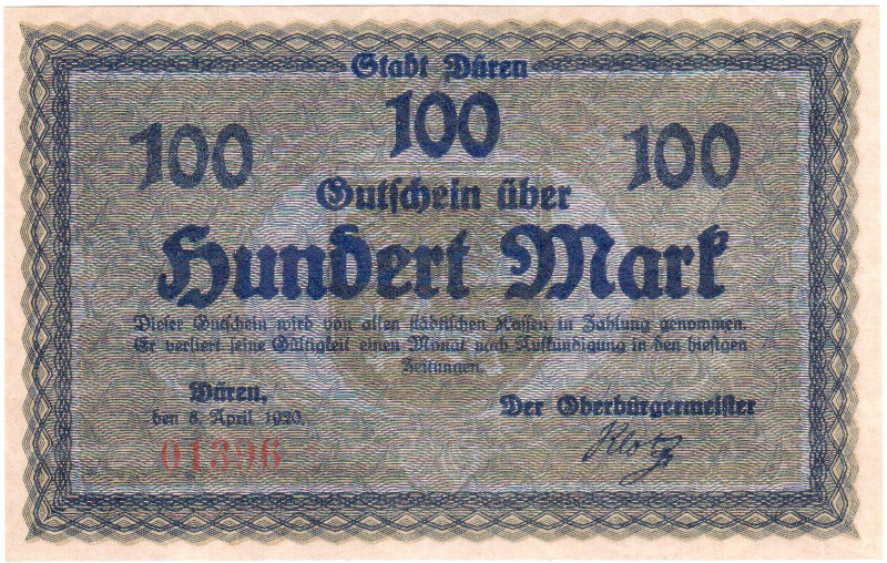 Deutsches Notgeld und KGL
Düren
100 Mark Stadt, 8.4.1920. Rv. Stempel "Wertlos...