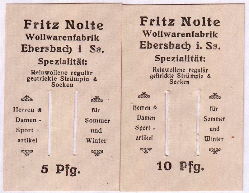 Deutsches Notgeld und KGL
Ebersbach
2 Scheine Briefmarkennotgeld: 5 und 10 Pf....