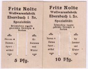 Deutsches Notgeld und KGL
Ebersbach
2 Scheine Briefmarkennotgeld: 5 und 10 Pf. Fritz Nolte Wollwarenfabrik, jeweils mit zwei Schlitzen (Briefmarken ...