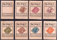 Deutsches Notgeld und KGL
Herne (Westf.)
8 versch. Briefmarkennotgeldscheine August Gropp jr.: ohne Briefmarke (blanko ohne Einschnitt), Marken "Zif...