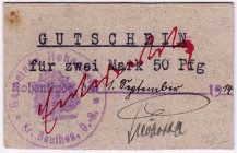 Deutsches Notgeld und KGL
Hohenlinde (Oberschlesien)
2,50 Mark 1.9.1914. Ecken nicht abgeschnitten.
I-II, äußerst selten