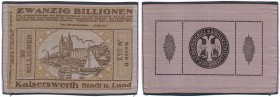 Deutsches Notgeld und KGL
Kaiserswerth (heute zu Düsseldorf gehörig)
20 Billionen Mark 1.12 1923, Leinen. Serie D No. 043. Bei diesem Stück handelt ...