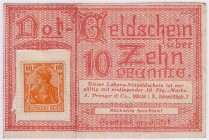 Deutsches Notgeld und KGL
Lingen (Ems)
Briefmarkennotgeld 10 Pfennig "Germania" orange H. Wolbeck & Söhne, Kolonialwaren, Vertreter der Margarine-Fa...
