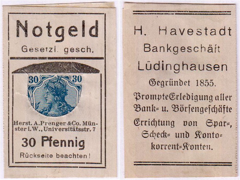 Deutsches Notgeld und KGL
Lüdinghausen
Briefmarkennotgeld 30 Pf. "Germania" bl...