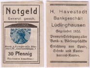 Deutsches Notgeld und KGL
Lüdinghausen
Briefmarkennotgeld 30 Pf. "Germania" blau H. Havestadt Bankgeschäft. Weder bei Topp noch in der Slg. Le Noir....