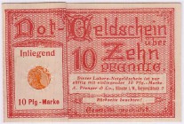 Deutsches Notgeld und KGL
Münster (Westfalen)
Briefmarkennotgeld 10 Pf. "Germania" orange: Segger & Schilde, Feine Lederwaren.
II, selten