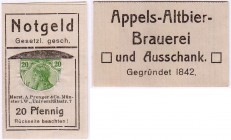 Deutsches Notgeld und KGL
Münster (Westfalen)
Briefmarkennotgeld 20 Pf. "Germania" grün. Appels-Altbier-Brauerei und Ausschank.
II, sehr selten