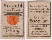 Deutsches Notgeld und KGL
Münster (Westfalen)
Briefmarkennotgeld 10 Pf. "Germania" orange. Heinrich Hagemann Lebensmittelgeschäft.
III, sehr selten...