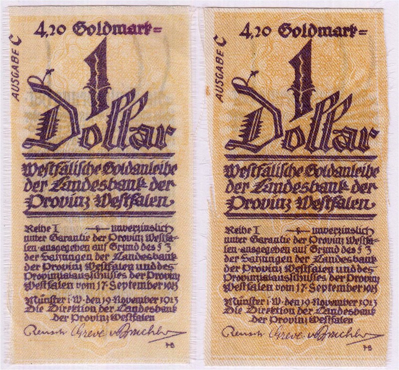 Deutsches Notgeld und KGL
Münster (Westfalen)
2 X 1 Dollar 19.11.1923, Landesb...