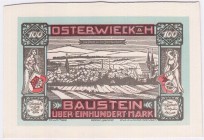 Deutsches Notgeld und KGL
Osterwieck
Verm. Probedruck des 100 Mark, Baustein, Glaceleder weiß 1.5.1922. Beidseitig Druck der Vorderseite.
I-II, äuß...