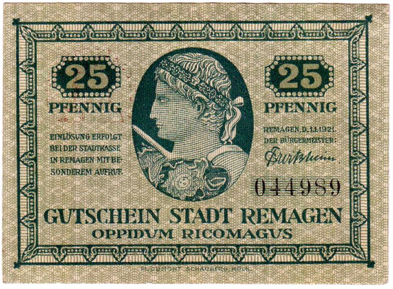 Deutsches Notgeld und KGL
Remagen
25 Pfg. Remagen, Glockenbasar, Aufdruck: Vs....