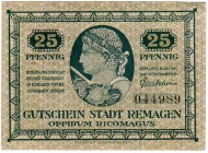 Deutsches Notgeld und KGL
Remagen
25 Pfg. Remagen, Glockenbasar, Aufdruck: Vs. ohne Textaufdruck, Rs. Glocke und Umschrift.
I-, selten
