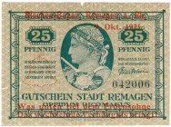 Deutsches Notgeld und KGL
Remagen
Glocken-Bazar, 25 Pf. 9.10. 1921. I-II, oben eine kl. Fehlstelle