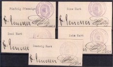 Deutsches Notgeld und KGL
Rössel, Ostpreußen
5 Muster mit Originalunterschriften und mit Schreibmaschine geschrieben zu 50 Pf. 1, 2, 10 und 20 Mark ...