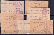 Deutsches Notgeld und KGL
Rössel, Ostpreußen
9 verschiedene Scheine (sog. Neuanfertigungen) 1914. Karton braungrau. 2 X 50 Pfennige, 1 X 1 Mark, 2 X...