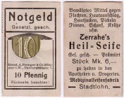 Deutsches Notgeld und KGL
Stadtlohn
Briefmarkennotgeld 10 Pf. "Ziffern" grün. Terrahe's Heil=Seife. Fehlt bei Topp und Slg. Le Noir.
II, sehr selte...