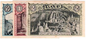 Deutsches Notgeld und KGL
Sundwig
3 Scheine: H. Meise, Heinrichshöhle: 50 Pf., 1 und 2 Mark. WZ verschlungene Kreise. Komplette Serie.
II-III