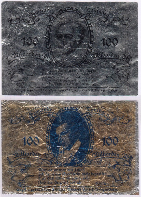 Deutsches Notgeld und KGL
Teningen
2 X 100 Milliarden Mark Aluminium, Goethe u...